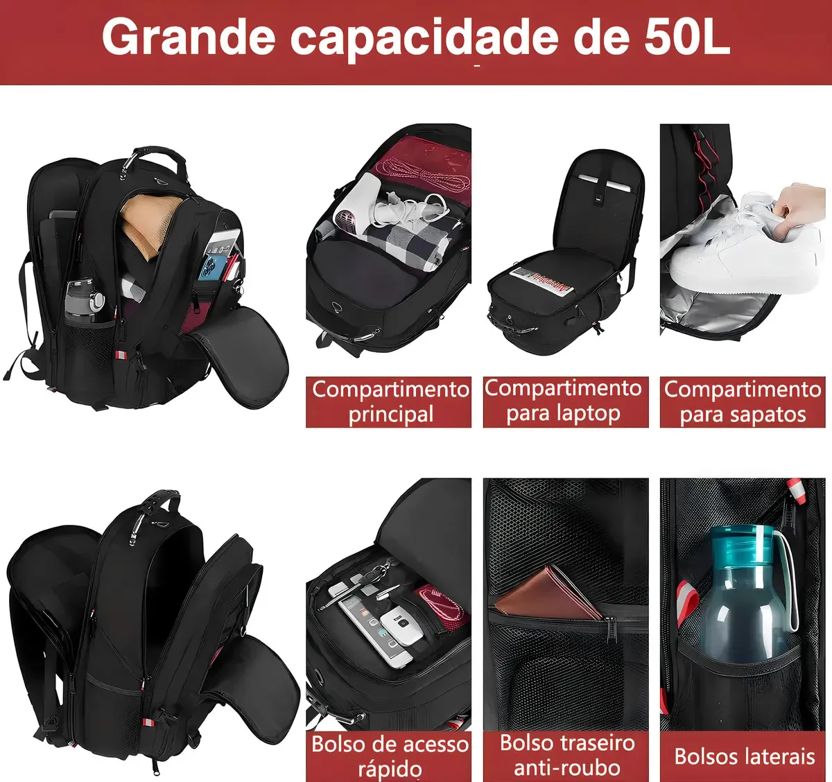 Imagem do anúncio mostra compartimentos principal, para notebook e para sapatos em uma mochila de 50 litros