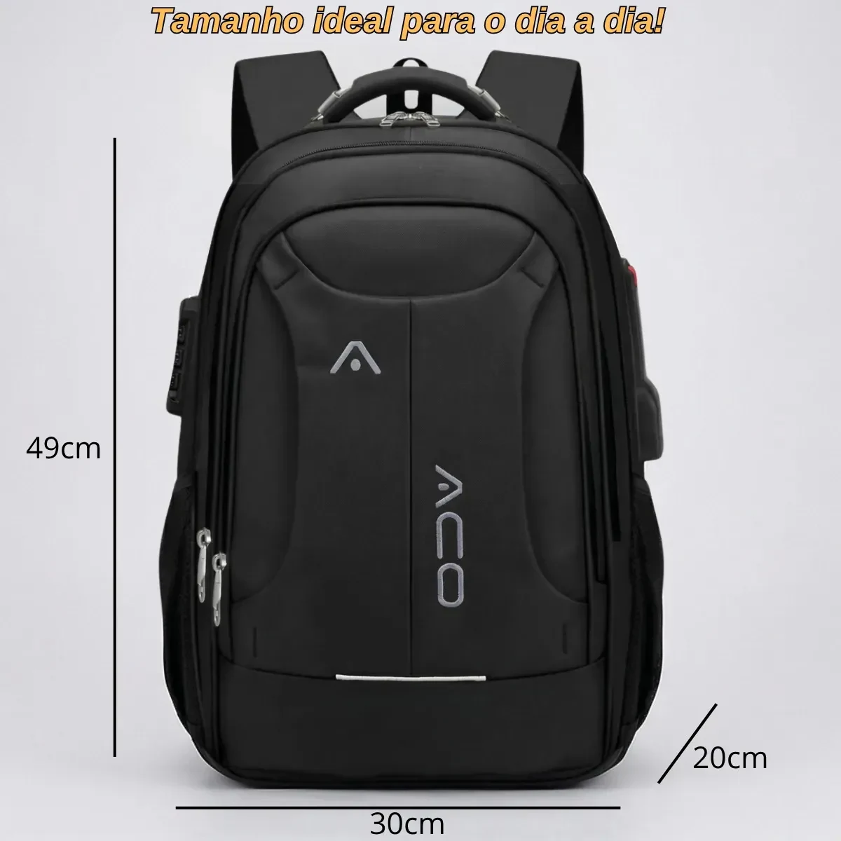 Imagem do anúncio informa dimensões de 49 por 30 por 20 centímetros para a mochila preta