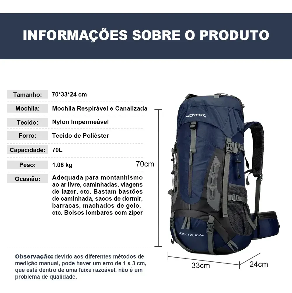 Imagem do anúncio informa capacidade de 70 litros, dimensões de 70 por 33 por 24 centímetros e peso de 1,08 quilo