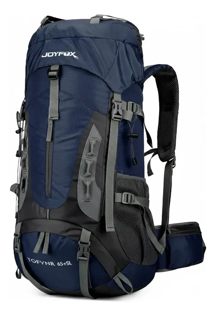 Mochila cargueira azul de grande capacidade com alças ajustáveis e bolsos laterais