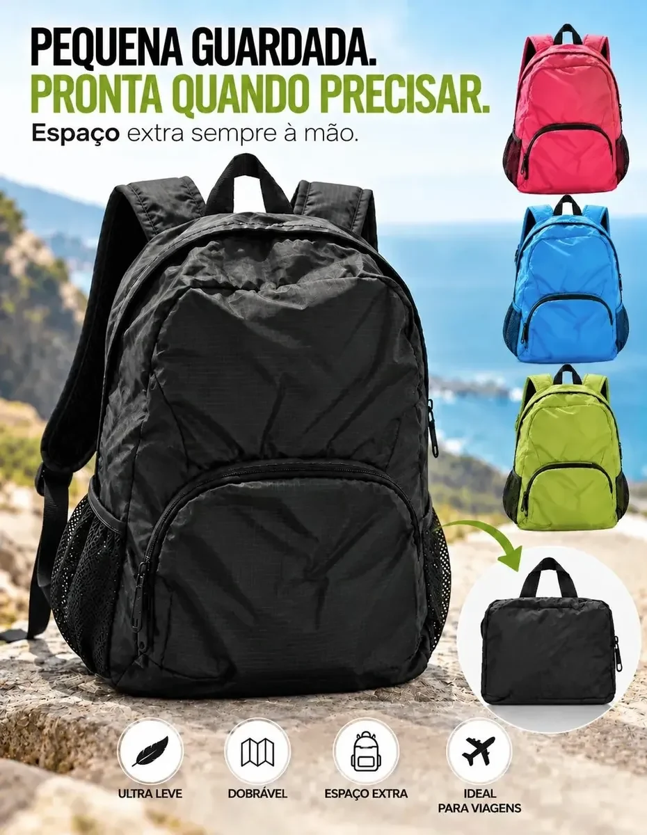Mochila preta leve e dobrável com bolsa compacta para guardar e opções em outras cores