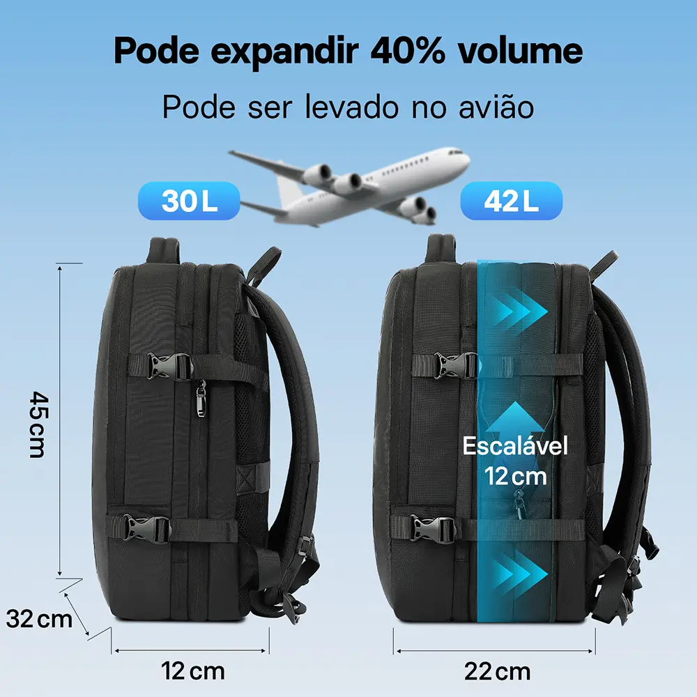 Mochila de viagem expansível: anúncio indica capacidade de 30 a 42 litros e dimensões
