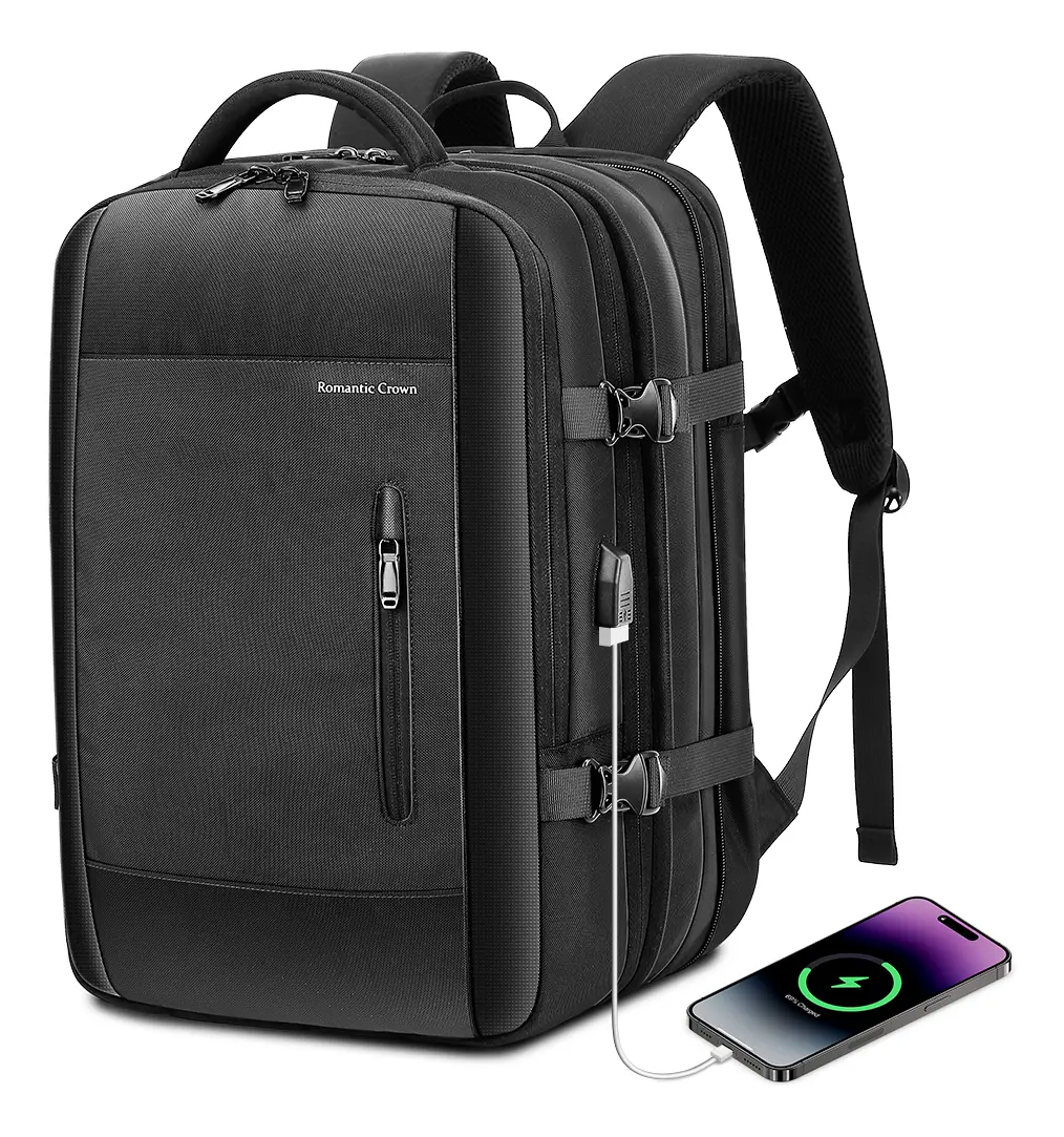 Mochila executiva preta para viagem com compartimentos e entrada USB