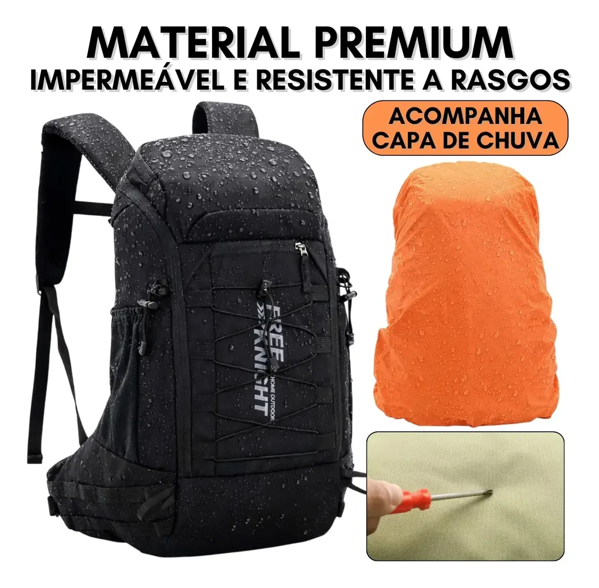Imagem do anúncio mostra a mochila, uma capa de chuva laranja e alegações do vendedor sobre o material