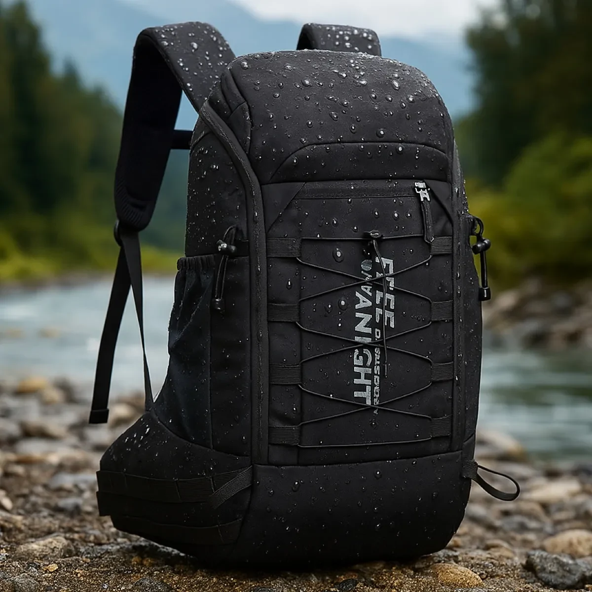 Mochila preta para atividades ao ar livre com gotas de água sobre o tecido