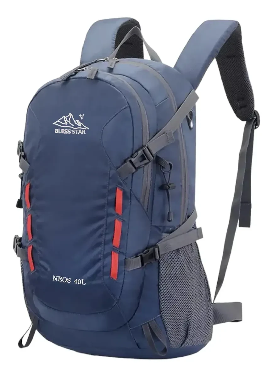 Mochila de trekking azul com capacidade de 40 litros e bolsos laterais