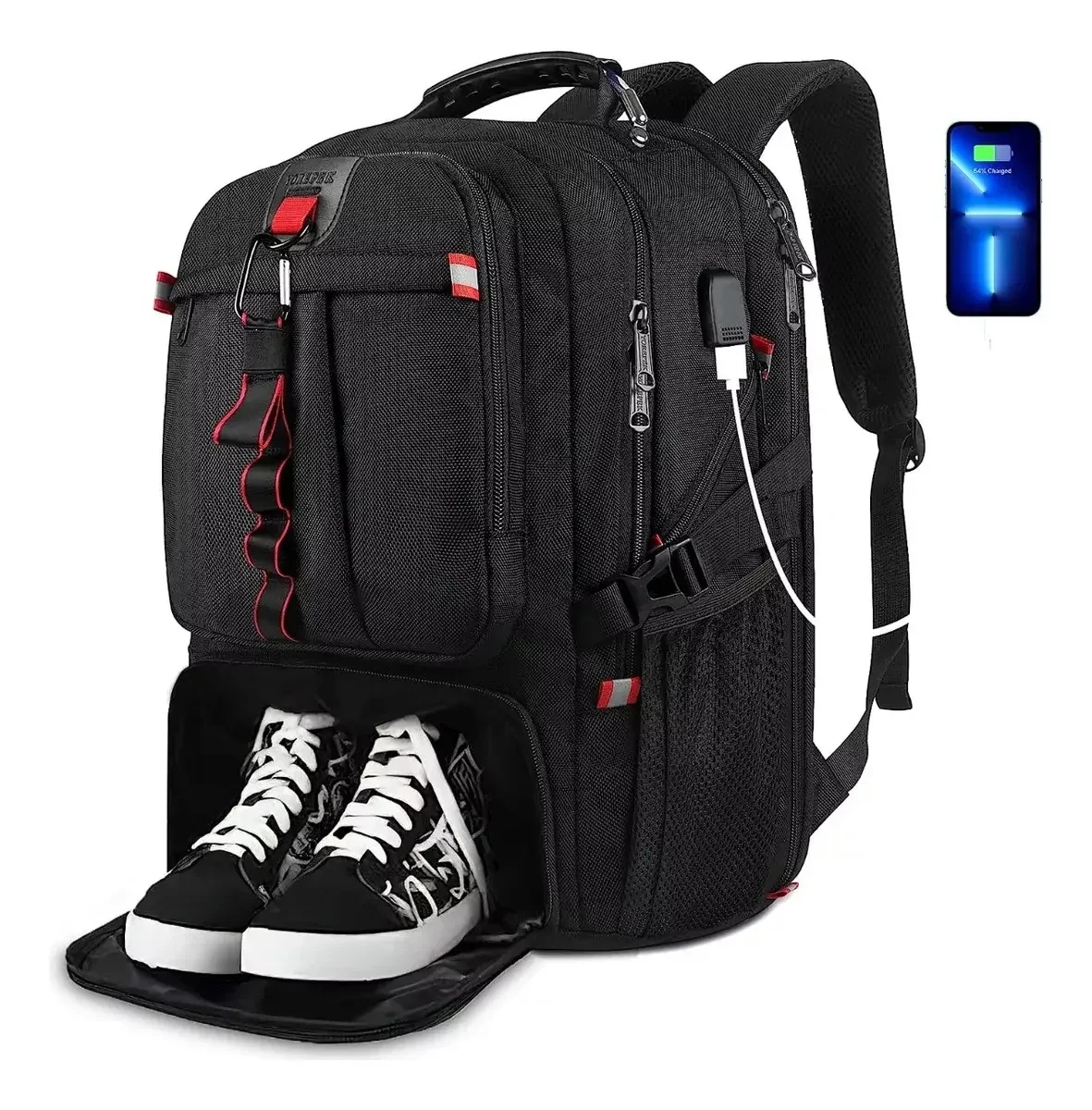Mochila preta de viagem com compartimento separado para sapatos e entrada USB externa