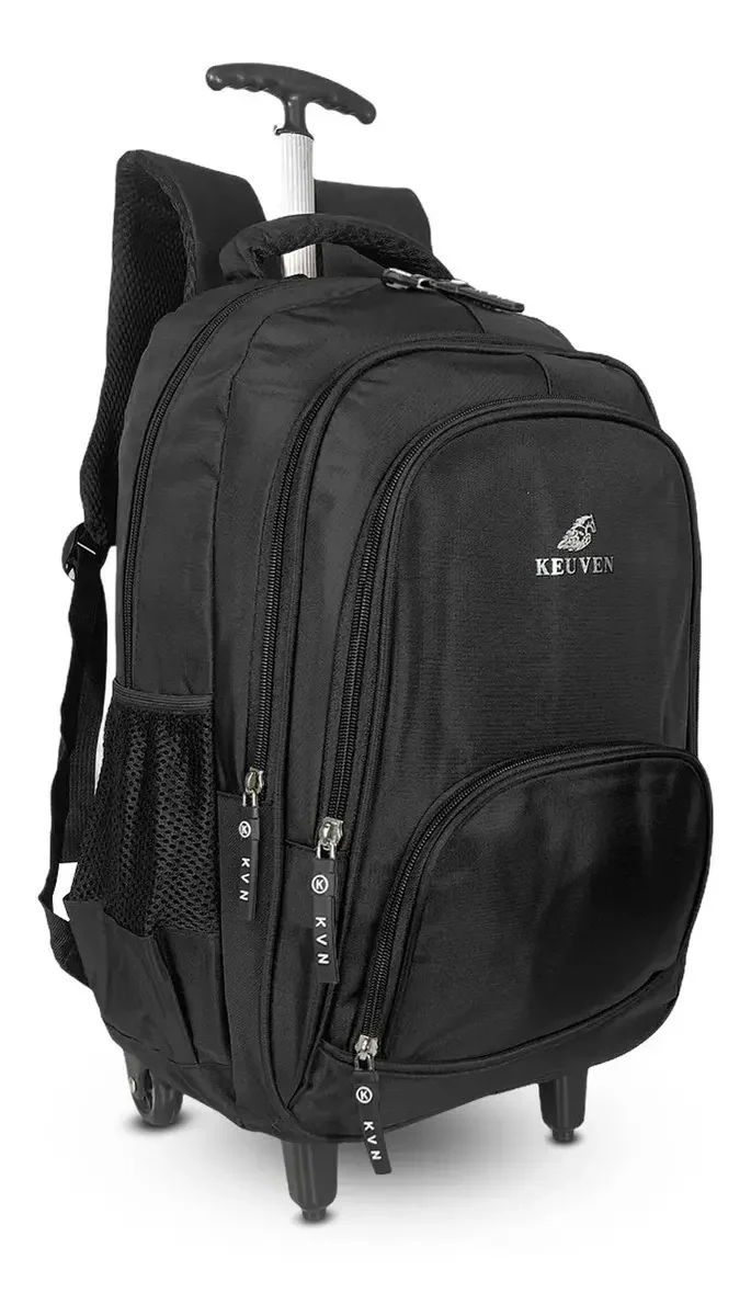 Mochila preta de viagem com rodinhas, alça retrátil e alças para carregar nas costas