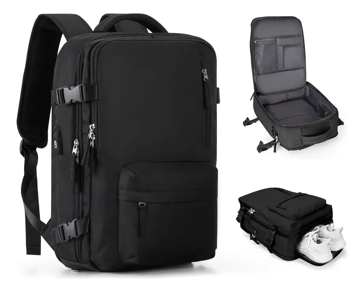 Mochila de viagem preta com compartimento inferior para calçados