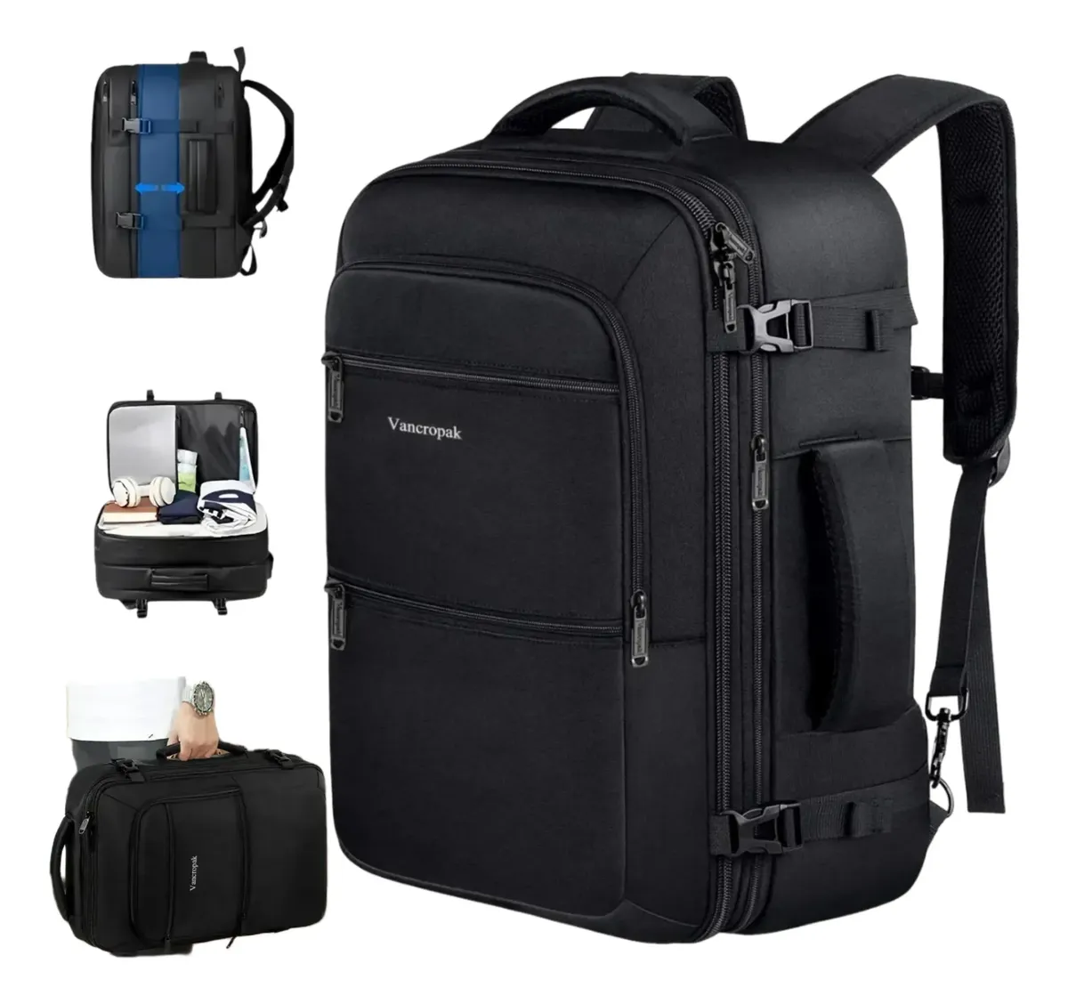 Mochila de viagem expansível preta com compartimentos e opções de transporte